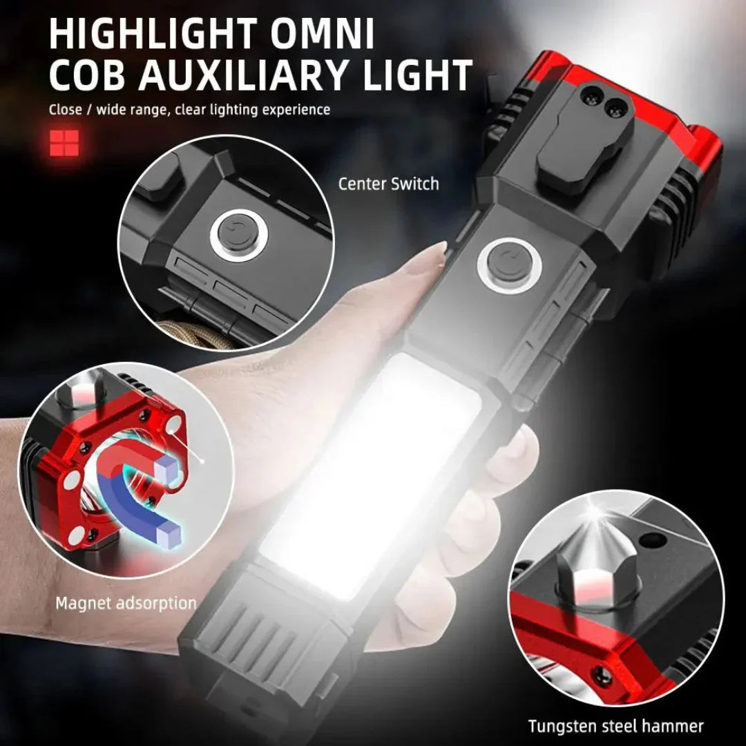 High-Brightness LED Flashlight | Power Bank & Safety Hammer